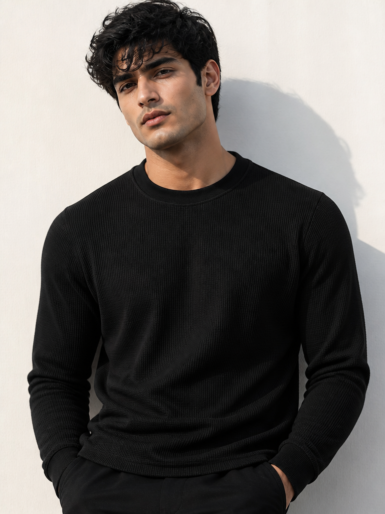 Men’s Black Waffle Knit Crew Neck Sweatshirt